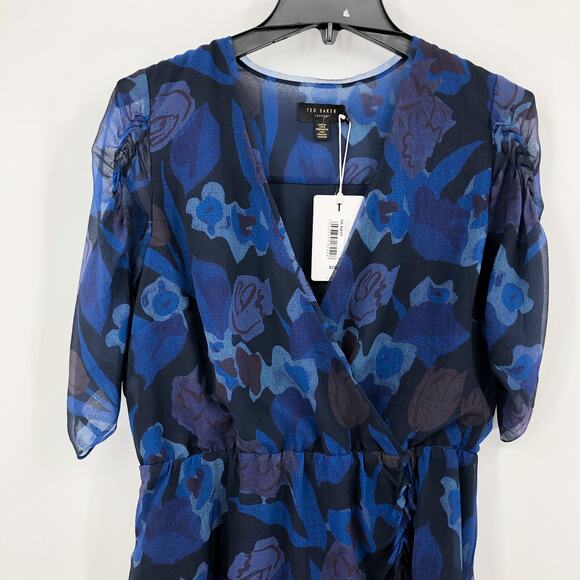 TED BAKER Juleah Mini Dress 4 Dark Navy Floral V-Neck Ruched Sleeve Detail NWT - Picture 5 of 12